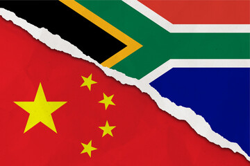 China and South Africa flag ripped paper grunge background. Abstract China and South Africa economics, politics conflicts, war concept texture background