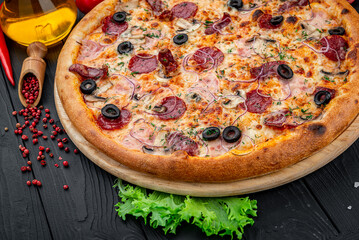 Delicious and fresh pepperoni pizza with vegetables