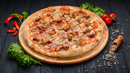 Fresh and tasty pizza with seafood