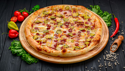Delicious and fresh pizza with ham, sausage and pickled cucumbers