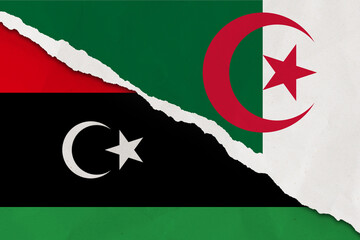 Algeria and Libya flag ripped paper grunge background. Abstract Algeria and Libya economics, politics conflicts, war concept texture background