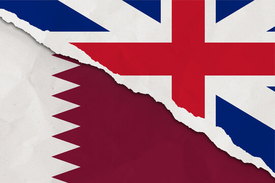 United Kingdom and Qatar flag ripped paper grunge background. Abstract United Kingdom and Qatar economics, politics conflicts, war concept texture background