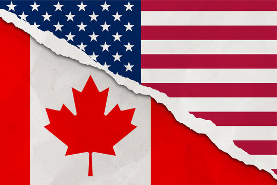 United States and Canada flag ripped paper grunge background. Abstract United States and Canada economics, politics conflicts, war concept texture background