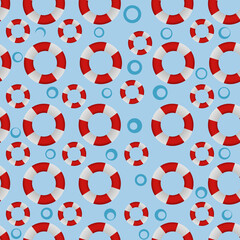 illustration of marine lifebuoy seamless patern on blue background. Mockup for a logo, for printing on dishes, textiles, clothes. for dishes, for souvenirs.
