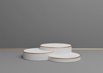 Dark graphite gray, black and white 3D rendering simple product display with three podiums or stand with golden line minimal background composition for luxurious products