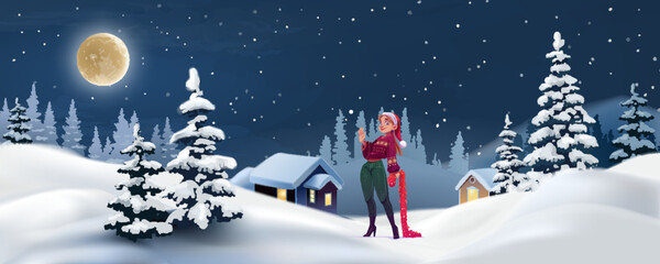 Cute young woman in ugly sweater, in night winter landscape. Vector illustration.