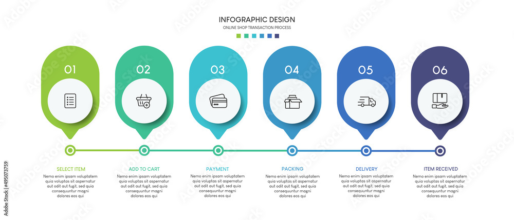 Poster process of online shopping with 6 steps. steps business timeline process infographic template