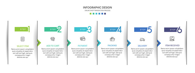 Process of online shopping with 6 steps. Steps business timeline process infographic template