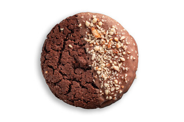 Chocolate oatmeal cookies covered with milk chocolate and nuts. Homemade cookies isolated on a white background