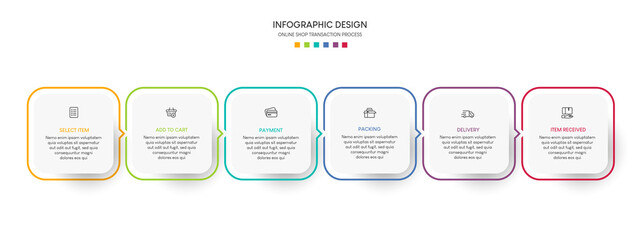 Process of online shopping with 6 steps. Steps business timeline process infographic template