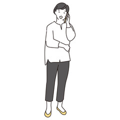 シンプル　イラスト　スマホで通話する女性の全身