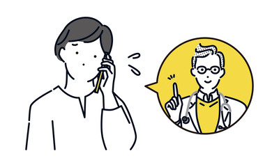 シンプル　イラスト　スマホでオンライン診療で相談する女性