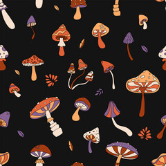 Colorful seamless pattern with mushrooms in retro colors. Flat vector illustration.