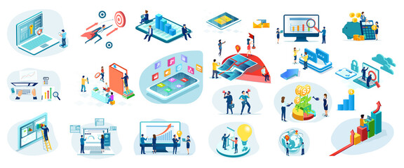 Vector business set of business people using modern technology to achieve financial goals