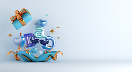 Happy Fathers Day decoration background with balloon gift box, heart shape, leaves copy space text, 3D rendering illustration