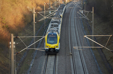 electric highspeed train passing the rapid railway transit route between Stuttgart and Mannheim, Baden-Wuerttemberg, Germany