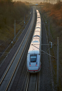 electric highspeed train passing the rapid railway transit route between Stuttgart and Mannheim, Baden-Wuerttemberg, Germany