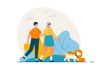 Blind woman walking in park with a dog and friend or caregiver. Support, diversity and disabilities concept. Modern flat vector illustration