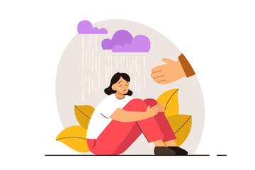 Lonely crying woman sitting on the floor getting help from a hand. Psychological problem, anxiety and mental health concept. Human support. Modern flat vector illustration