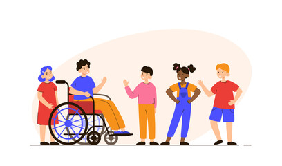 Happy boy in a wheelchair with group of friends. Support, diversity, inclusion and disabilities concept. Modern flat vector illustration
