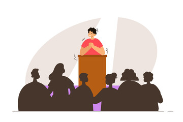 Terrified man standing in front of an audience. Fear of public speaking. Phobia, psychological problem, anxiety and mental health concept. Modern flat vector illustration