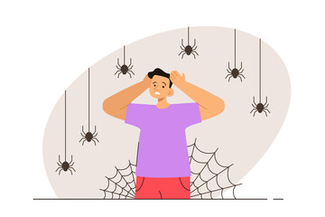 Scared man surrounded by spiders and web. Person with arachnophobia. Phobia, psychological problem, anxiety and mental health concept. Modern flat vector illustration