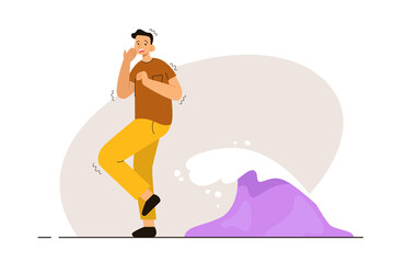 Terrified man shivering in front of the water wave. Person with hydrophobia. Phobia, psychological problem, anxiety and mental health concept. Modern flat vector illustration