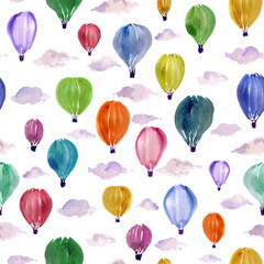 Seamless hand painted Multi colour hot air balloon Pattern
