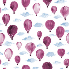 Seamless hand painted Purple colour hot air balloon Pattern