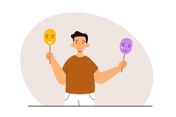 Man holding masks with sad and happy expression. Fake emotion, hiding real feelings, playing a role. Social behavior, psychological problem and mental health concept. Modern flat vector illustration
