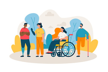Persons with different disabilities outdoor. Happy men and women with prosthesis, crutches, in a wheelchair. Support, diversity and disability concept. Modern flat vector illustration