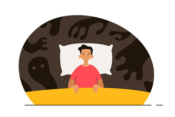 Man with sleep disorder seeing shadows in the dark. Person with insomnia. Phobia, psychological problem, anxiety and mental health concept. Modern flat vector illustration
