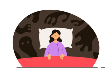 Woman with sleep disorder seeing shadows in the dark. Person with insomnia. Phobia, psychological problem, anxiety and mental health concept. Modern flat vector illustration