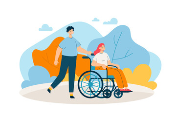 Woman in a wheelchair in park with a friend or caregiver. Support, inclusion, diversity and disabilities concept. Modern flat vector illustration