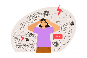 Nervous woman touching head surrounded by problems and anxiety thoughts. Phobia, psychological problem and mental health concept. Modern flat vector illustration