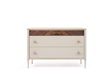 chest of drawers with veneer and painted wood trim in a modern classic style on a white background