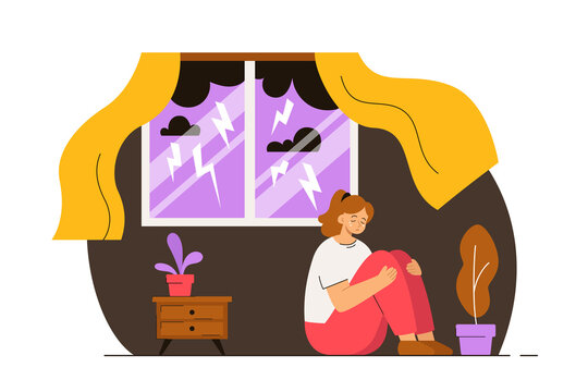 Woman panicking and crying because of a storm outside. Person with astraphobia. Phobia, psychological problem, anxiety and mental health concept. Modern flat vector illustration