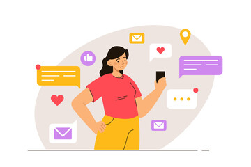 Sad woman standing with smartphone in hand surrounded by notifications. Fear of missing out. Psychological problem, anxiety and mental health concept. Modern flat vector illustration