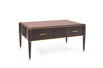 coffee table with veneer and painted wood trim in a modern classic style on a white background