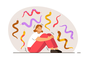 Scared woman surrounded by snakes. Person with ophidophobia. Phobia, psychological problem, anxiety and mental health concept. Modern flat vector illustration