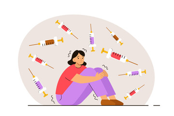 Scared woman surrounded by syringes. Person with trypanophobia. Phobia, psychological problem, anxiety and mental health concept. Modern flat vector illustration