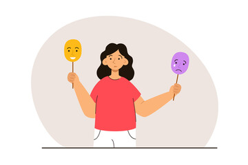Woman holding masks with sad and happy expression. Fake emotion, hiding real feelings, playing a role. Social behavior, psychological problem and mental health concept. Modern flat vector illustration
