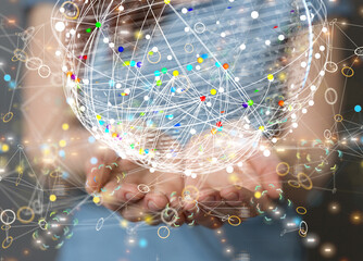 abstract lines with dots over dark background.