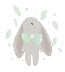 Cute gray rabbit. Toy rabbit with long ears with a bow. Soft toy.Design for card, print, book, kids story