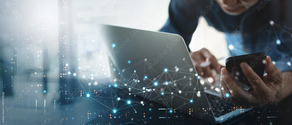 Wall mural digital technology, internet network connection, big data, digital marketing iot internet of things 
