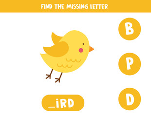 Find missing letter with cute bird. Spelling worksheet.