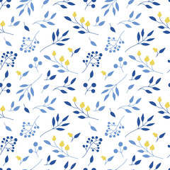 Seamless pattern with colorful plants. Background in yellow and blue colors with leaves, berries. Vector illustration.