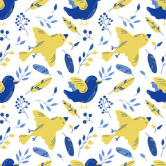 Seamless vector pattern with doves, plants, and feathers. Background with flying birds and plants in yellow and blue colors. 
