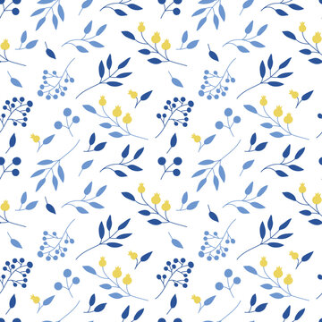 Seamless pattern with colorful plants. Background in yellow and blue colors with leaves, berries. Vector illustration.