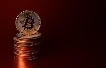 Closeup of golden bitcoin BTC and DOGE cryptocurrency with dark black background. crypto coins 3d illustration. 3D rendering.